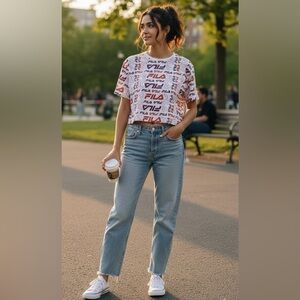 Fila graphics all over logo print crop top tee women’s size large‎  shirt sleeve